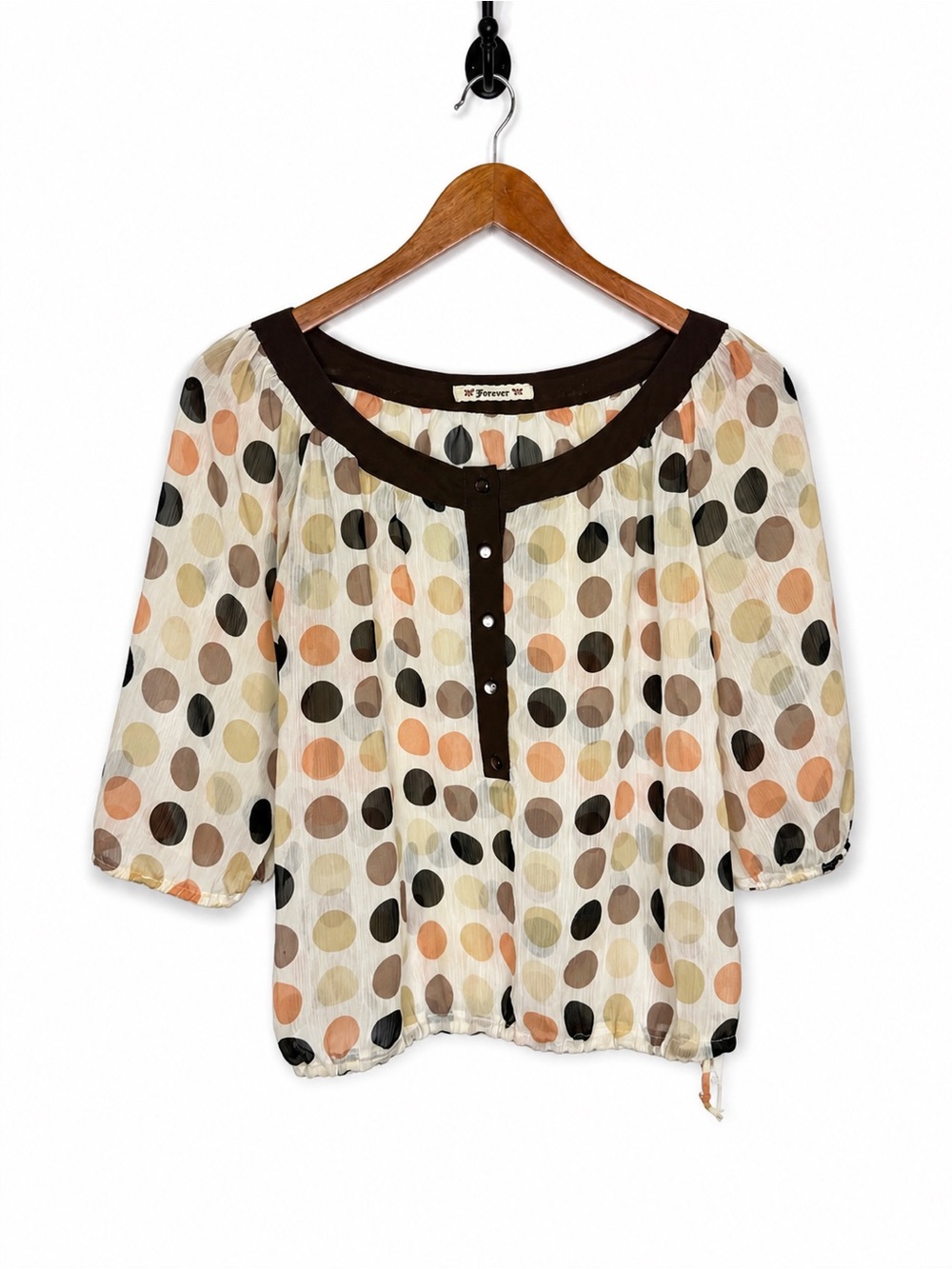 Forever Sheer Polka Dot Blouse Small Brown Peach Button Front 3/4 Sleeve